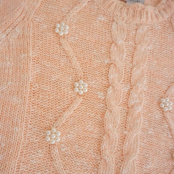 Vintage Spice Of Life Peach Knit w Beaded Pearls Cable Knit Sweater L - Picture 9 of 11